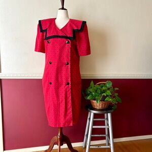 Vintage 80s Halmode Petites Red Polka Dot Double Breasted Sailor Retro Dress 12P